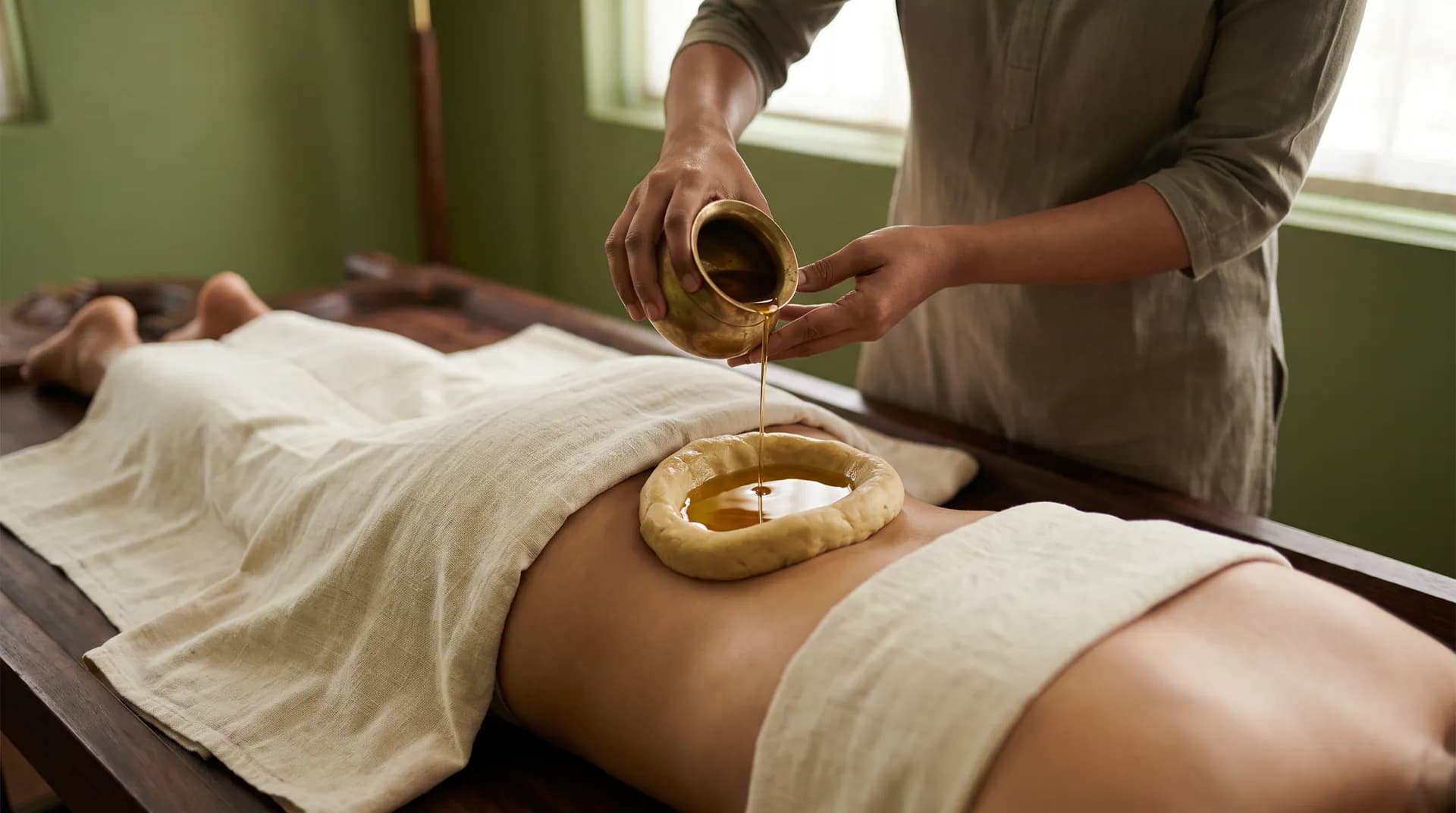 Warm medicated oil retained inside a dough ring, the technique used for Greeva Basti