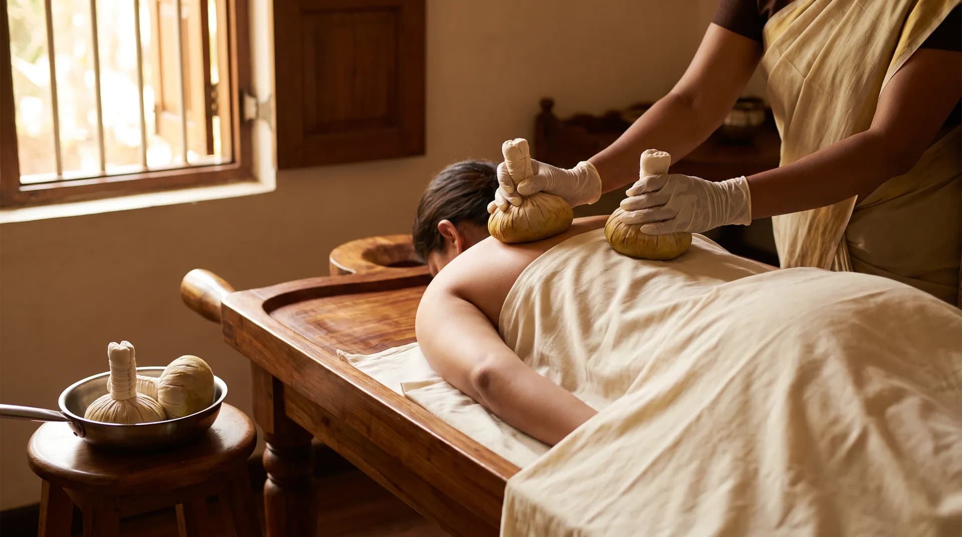 Warm herbal powder boluses pressed over the back and shoulders during Podikizhi
